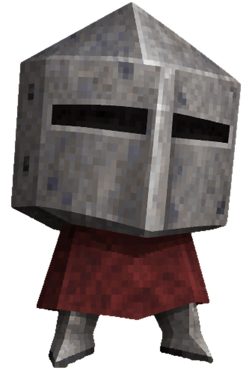 Sir Render, a blocky knight with an oversized steel great helm, a red tabard and two steel boots, with no body in between