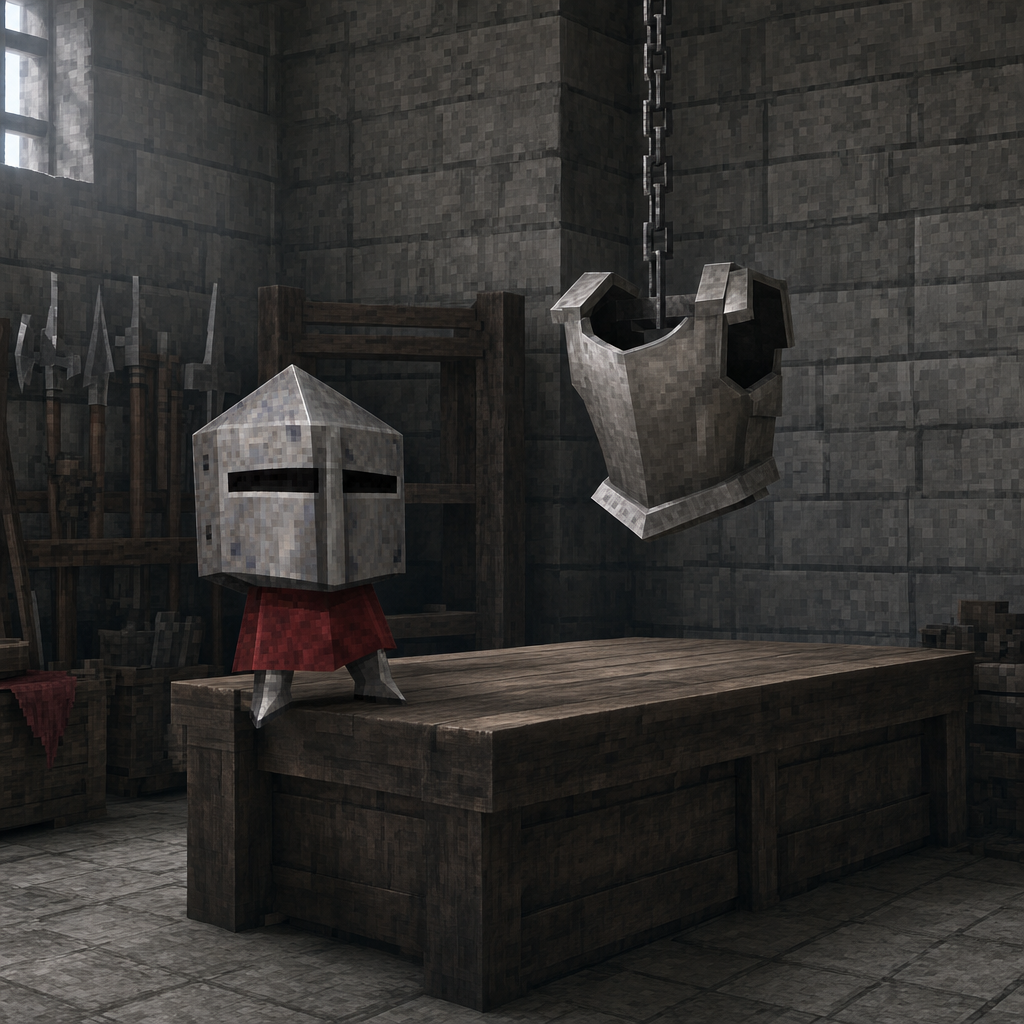 Sir Render standing on a wooden table in a stone armoury while an empty breastplate hangs from a chain nearby